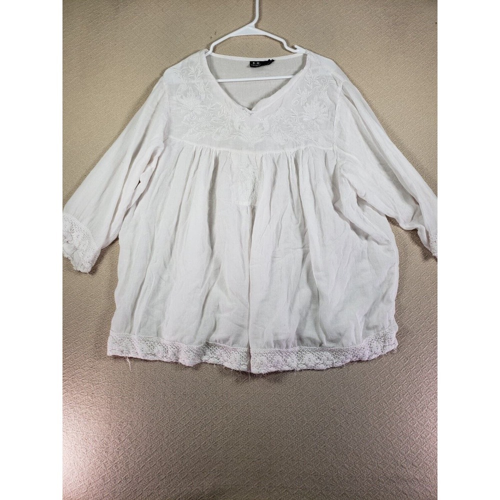S. R. Fashion Top Womens 2XL White Long Sleeve V-Neck Embroidered Stylish Blouse